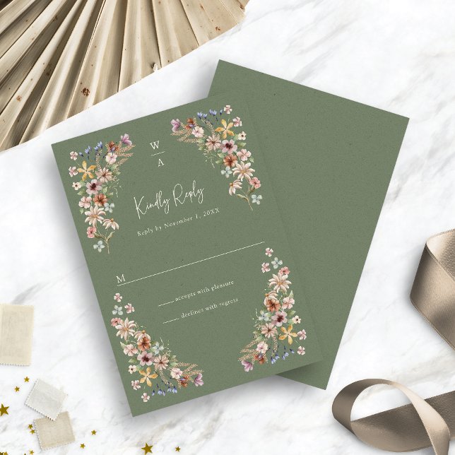 Cartão de RSVP Floral Boho Sage (Watercolor Boho Sage Green Floral RSVP Card by Painted Paperie
)