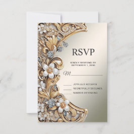 Cartão de RSVP Floral Branco Dourado Decorativo