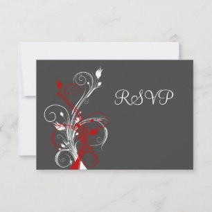 Cartão de RSVP Floral Cinza, Vermelho e Branco