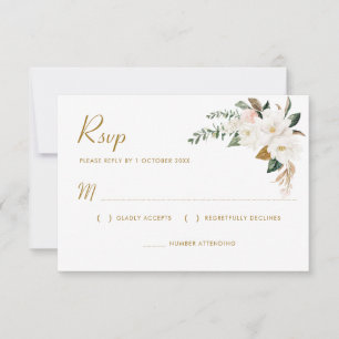cartão de RSVP floral de magnólia dourada e branca