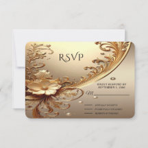 Cartão de RSVP Floral Dourado Ornado