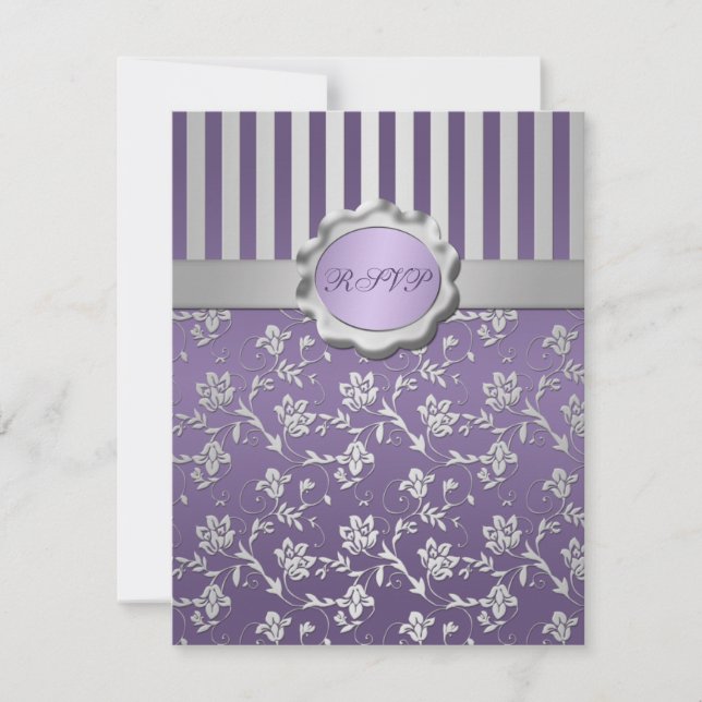 Cartão de RSVP Floral Listrado Roxo e Cinza (Frente)