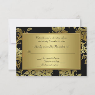 Cartão de RSVP Floral Preto e Dourado de Aniversár