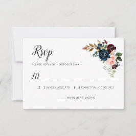 Cartão de RSVP floral rosa burgundy e azul marinho