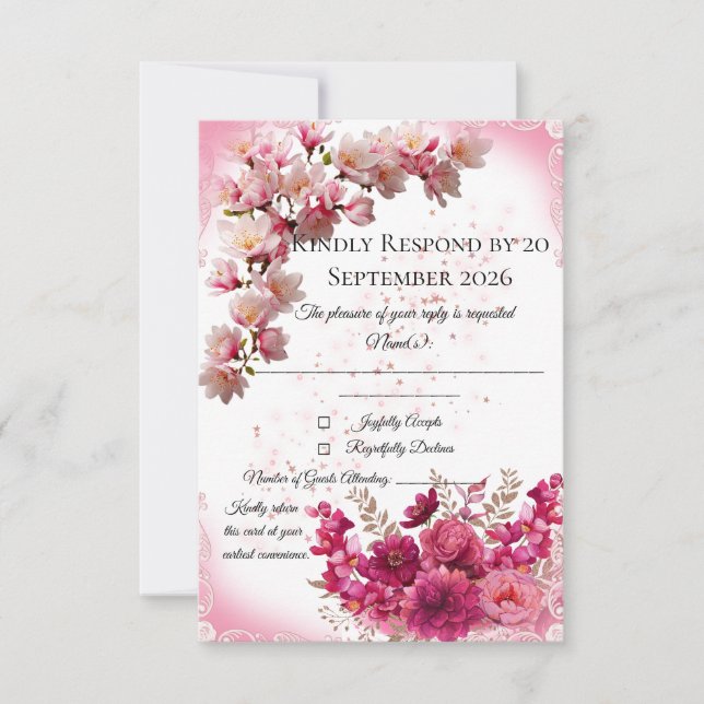 Cartão de RSVP Floral Rosa em Branco (Frente)