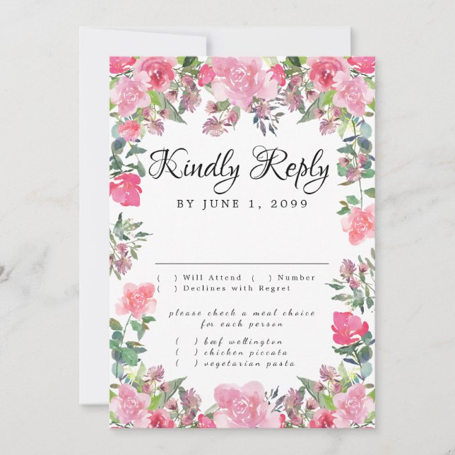 Cartão de RSVP Floral Rosa Pink com Escolha de Ref (Frente)