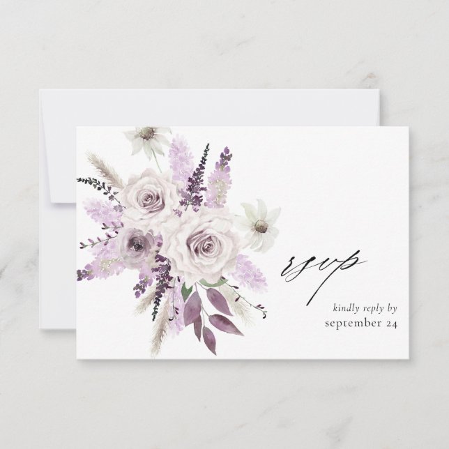 Cartão de RSVP Floral Roxo Lavanda com Refeição (Frente)