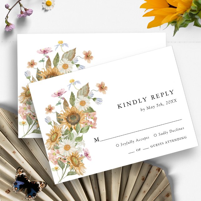 Cartão de RSVP Girassol (Elegant Wildflower Sunflower Watercolor Floral RSVP Card by Painted Paperie
)