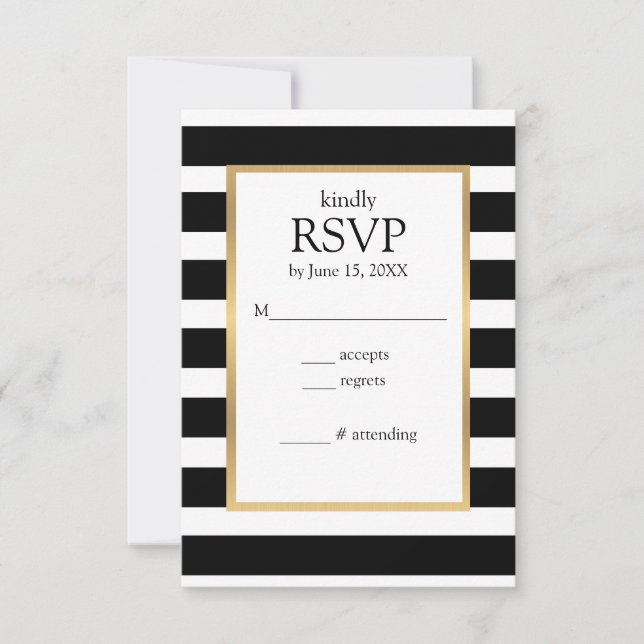 Cartão de RSVP Listrado Preto e Branco (Frente)