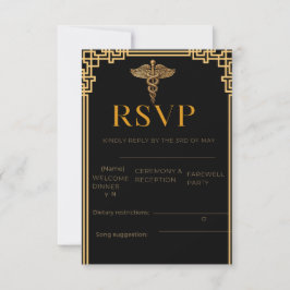 Cartão de RSVP Médico Preto e Dourado Elegante com