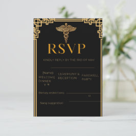 Cartão de RSVP Médico Preto e Dourado Elegante com