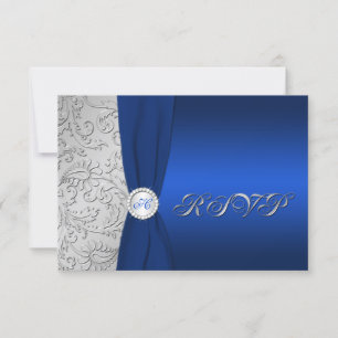 Cartão de RSVP Monogramado em Damasco Azul Marinho