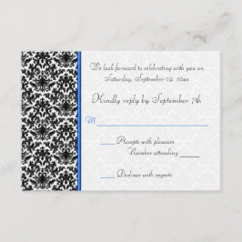 Cartão de RSVP Preto, Branco e Azul Damask
