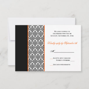 Cartão de RSVP Preto Branco Laranja Damask