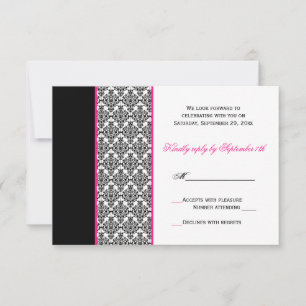 Cartão de RSVP Preto Branco Rosa Damask
