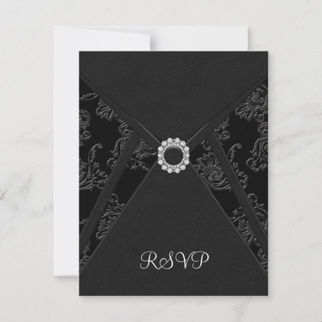 Cartão de RSVP Preto Damask Black (Frente)