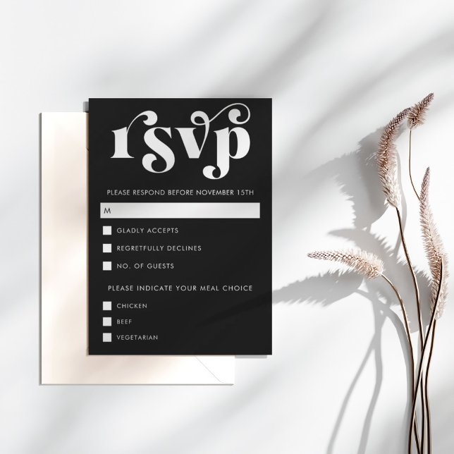 Cartão de RSVP Preto e Branco Simples Moderno (Criador carregado)