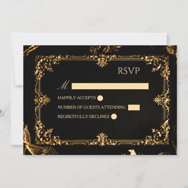 Cartão de RSVP Preto e Dourado Gótico (Frente)