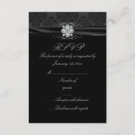 Cartão de RSVP Preto e Prata com Diamante