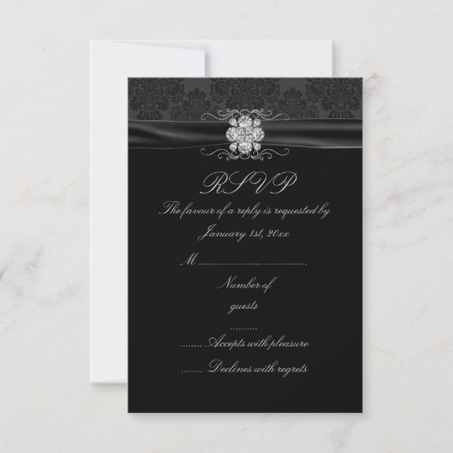 Cartão de RSVP Preto e Prata com Diamante (Frente)