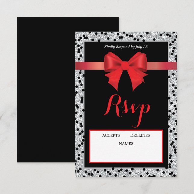 Cartão de RSVP preto e vermelho com laço (Frente/Verso)