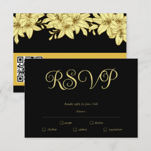 Cartão de RSVP Simples e Elegante Preto e Dourado