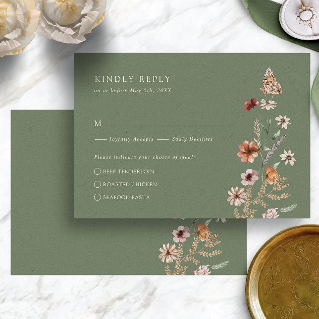 Cartão de RSVP Verde Rústico (Rustic Sage Green Boho Wildflower RSVP Card with Butterfly by Painted Paperie
)