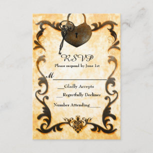 Cartão de RSVP Vintage Antigo Heart Lock & Key