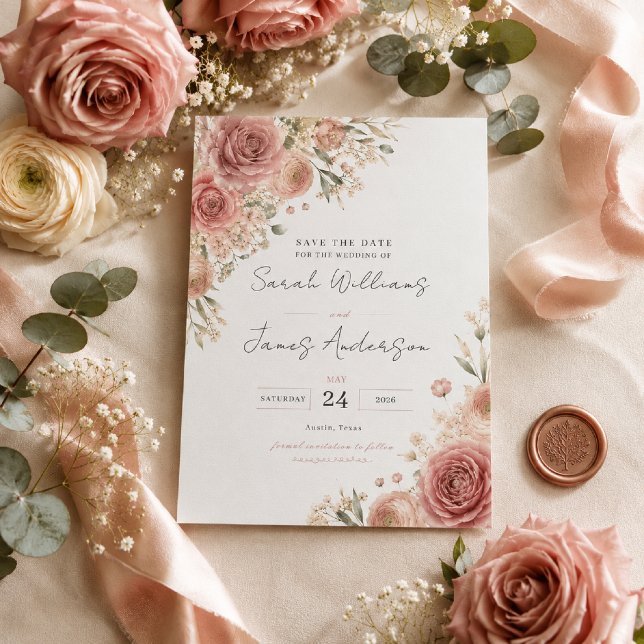 Cartão de Salvamento de Data em Rosa Empoeirada (Elegant flat lay featuring our Dusty Rose Romance Save the Date on premium ivory cardstock.)