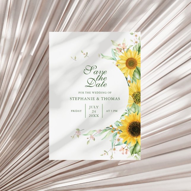 Cartão de Salvar a Data Alegria do Girassol Rústic (Rustic Sunflower Delight Save The Date Card on a sunny neutral dry palm leaf.)