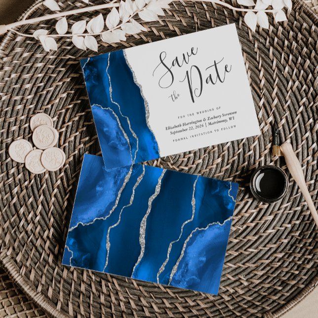 Cartão de Salvar a Data Azul Real Prata Moderno co (Criador carregado)