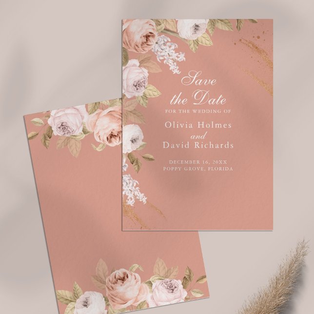 Cartão de Salvar a Data Boho Pink Peonies (Boho Pink Peonies Save the Date Card on a table)