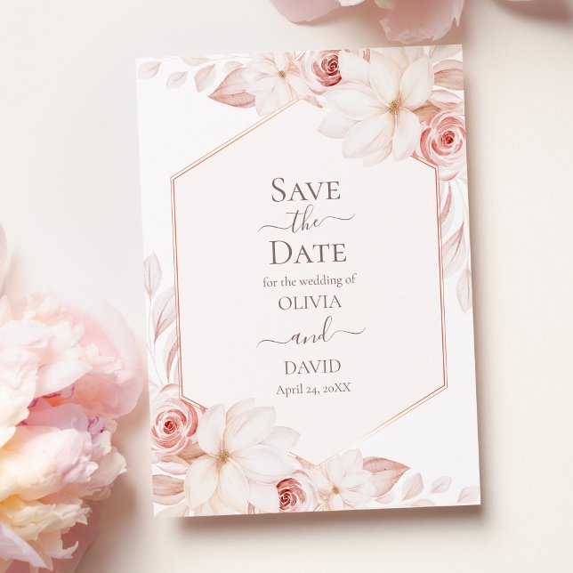 Cartão de Salvar a Data Boho Soft Blush Roses (Boho White and Pink Roses Save the Date Card on pink table with pale pink peonies.)