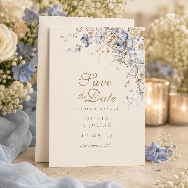 Cartão de Salvar a Data Botânico Azul Empoeirado (Dusty Blue Botanical Save the Date Card)