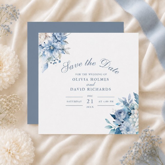 Cartão de Salvar a Data com Flor Silvestre Azul Em (Dusty Blue Wildflower Save the Date Card)