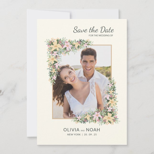 Cartão de Salvar a Data com Foto de Romance Floral (Frente)