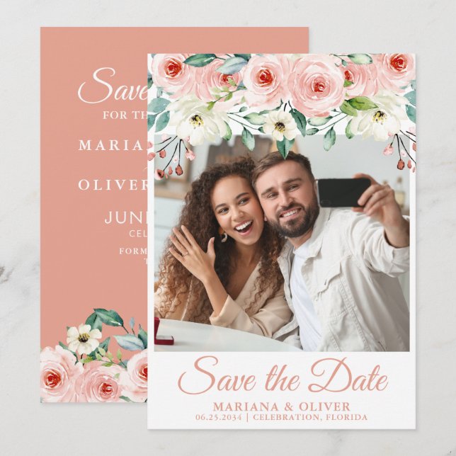 Cartão de Salvar a Data com Foto Floral de Pêssego (Frente/Verso)