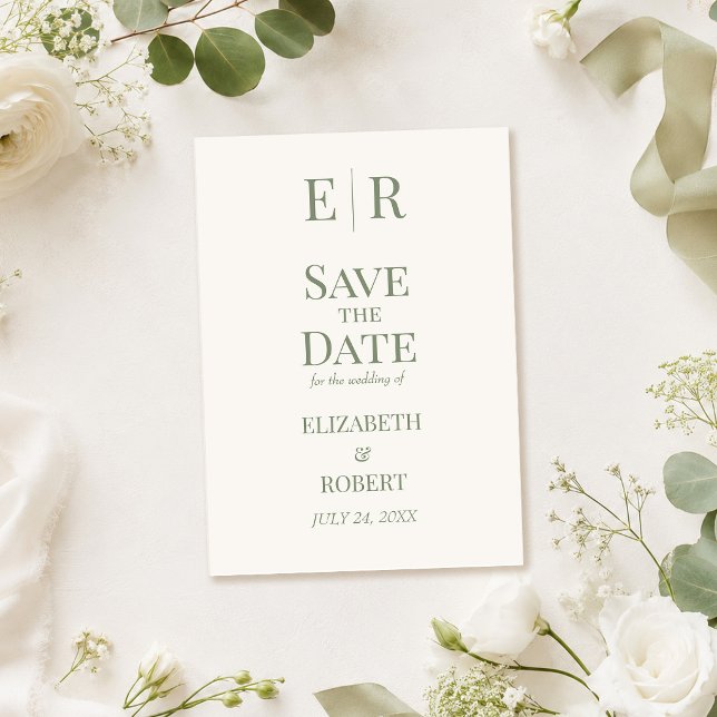 Cartão de Salvar a Data com Monograma Branco e Oli (White & Olive Monogram Save the Date Card on a table with white roses)