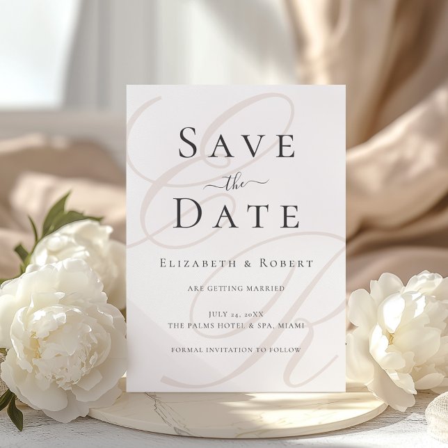 Cartão de Salvar a Data com Monograma Minimalista (Minimalist Beige Monogram Wedding Save the Date with beautiful white peonies)