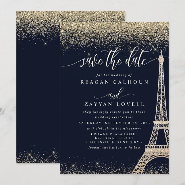 Cartão de Salvar a Data da Torre Eiffel de Paris e (Frente/Verso)