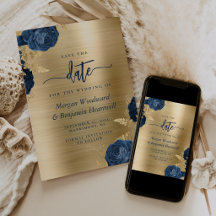 Cartão de Salvar a Data de Casamento Azul Naval Fl