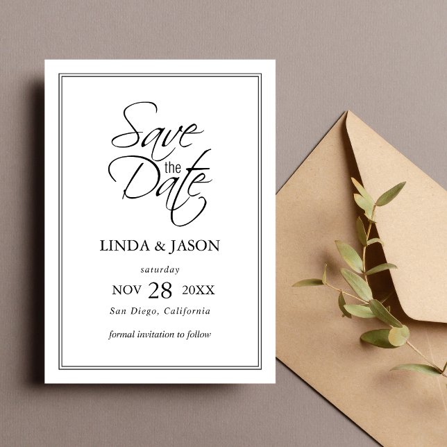 Cartão de Salvar a Data de Casamento Clássico Pret (Black and white save the date card announces your day with timeless style and elegance.)