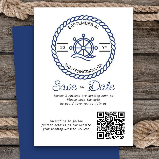 Cartão de Salvar a Data de Casamento com Código QR (Nautical Wedding Save the Date Card with QR Code)
