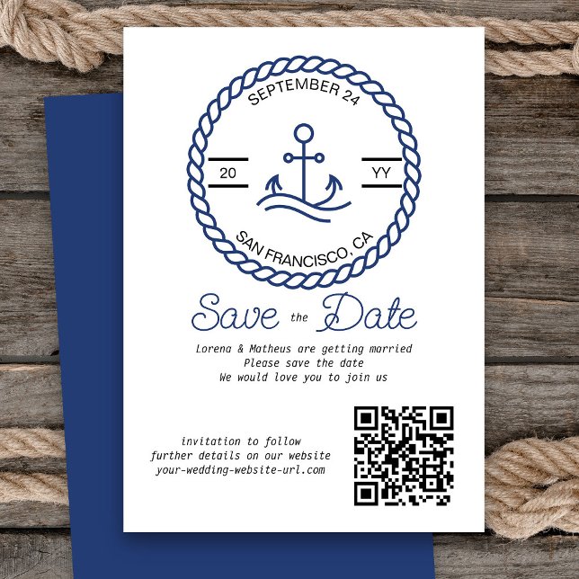 Cartão de Salvar a Data de Casamento com Código QR (Nautical Wedding Save the Date Card with QR Code)
