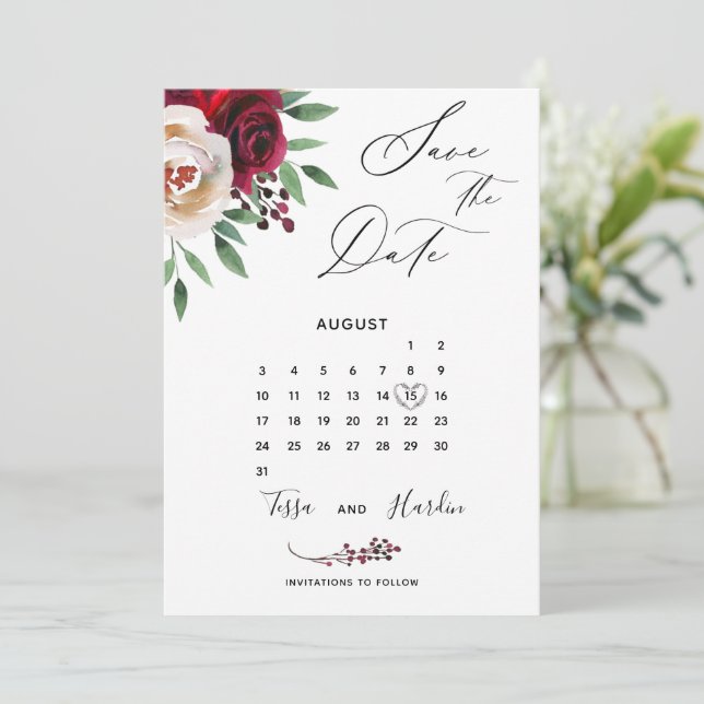 Cartão de Salvar a Data de Casamento com Floral Bo (Em pé/Frente)