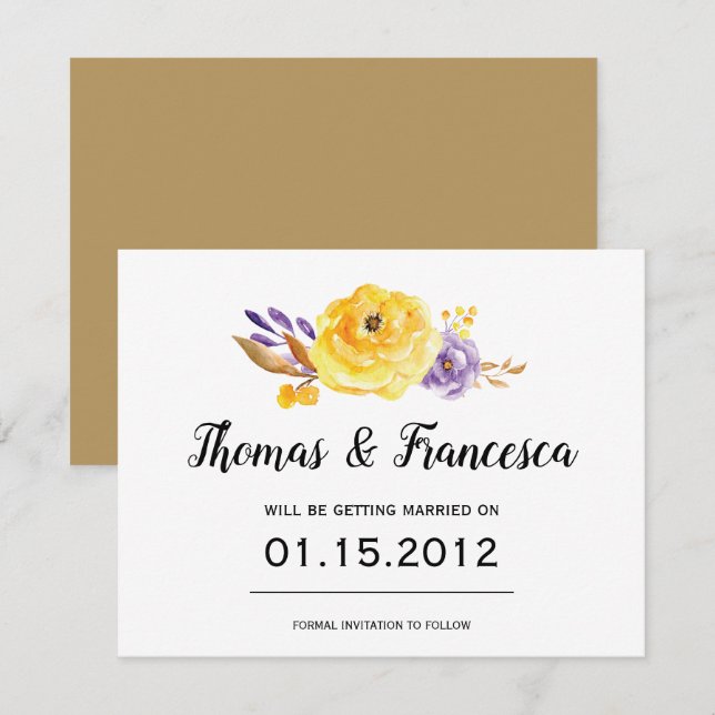 Cartão de Salvar a Data de Casamento com Floral em (Frente/Verso)
