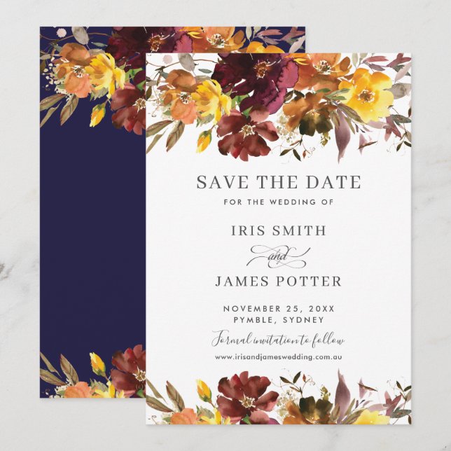 Cartão de Salvar a Data de Casamento com Flores Am (Frente/Verso)