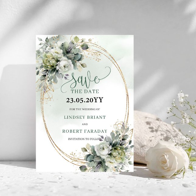 Cartão de Salvar a Data de Casamento com Folhagem  (Romantic Dusty Green Foliage Save The Date Card)