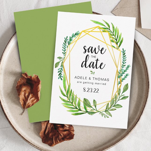 Cartão de Salvar a Data de Casamento com Folhagem  (Gold Geometric Foliage Wedding Save the Date Card)