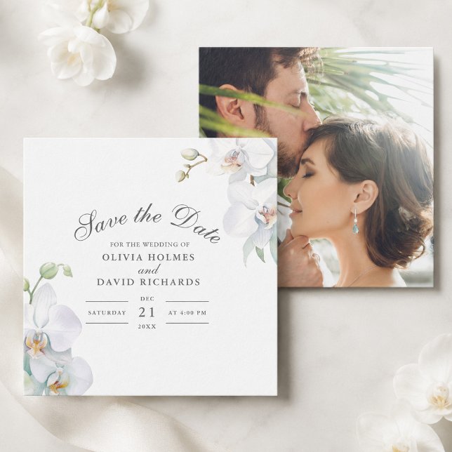 Cartão de Salvar a Data de Casamento com Foto de O (White Orchid Photo Wedding Save the Date Card)